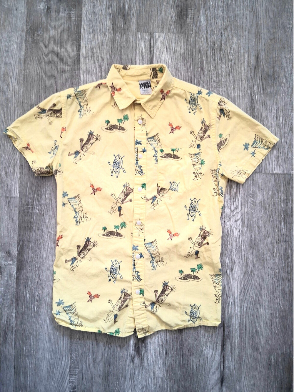 VTG 90s Hang Ten Men's Small, Yellow Cotton Hawaiian Graphic Surf Top Tiki Shirt